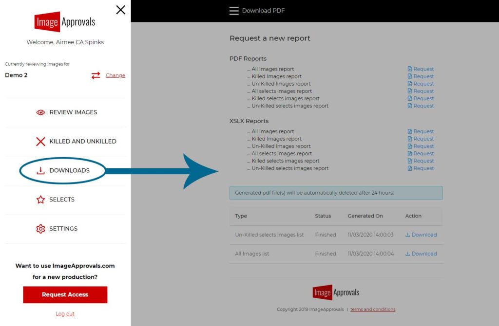 A screenshot from the Image Approvals platform showing how to download reports.