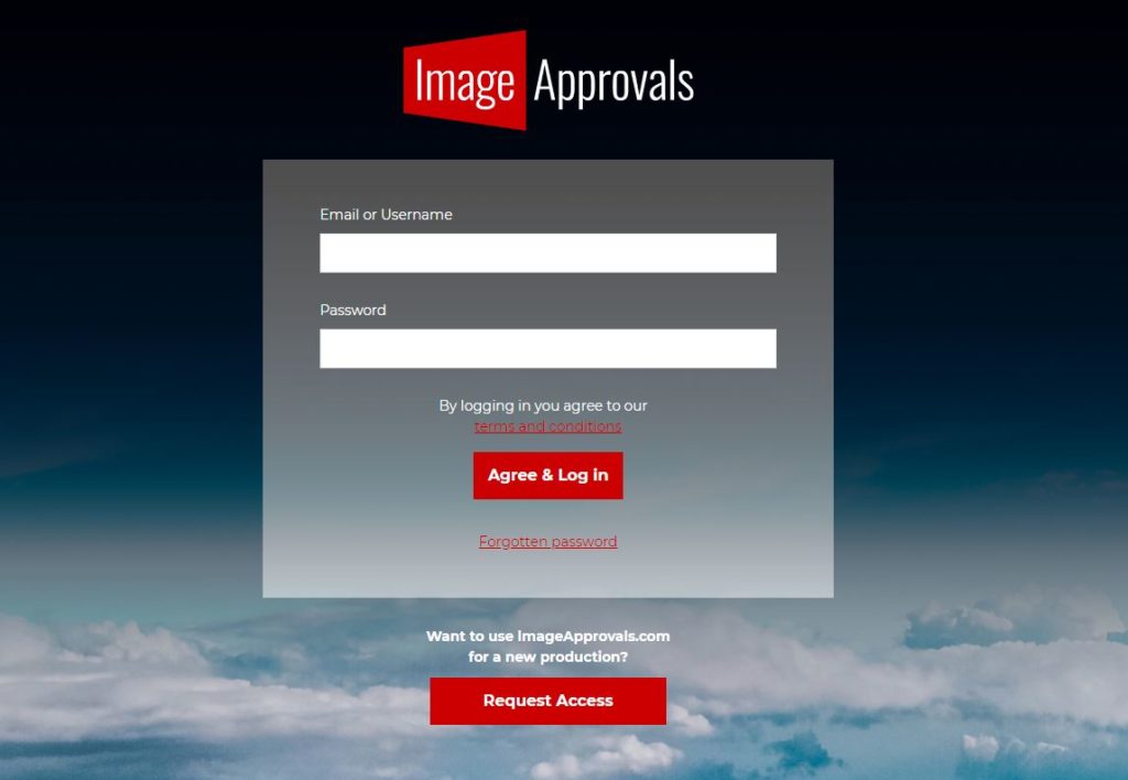 A screenshot of the login page for the Image Approvals online photo approvals app.