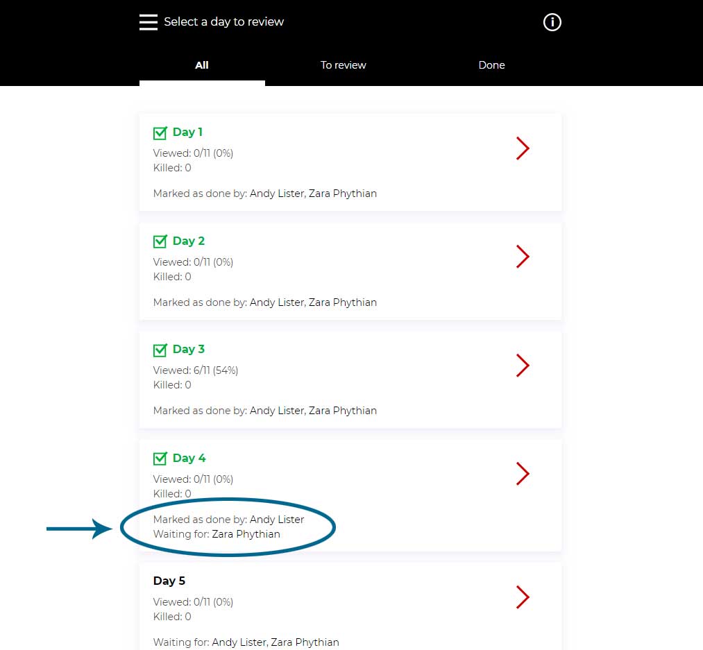 A screenshot from the Image Approvals platform showing where you can find out which actors have marked a day as done.