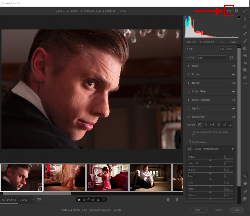 A screen shot highlighting the Camera Raw Dialogue Box in Adobe Bridge