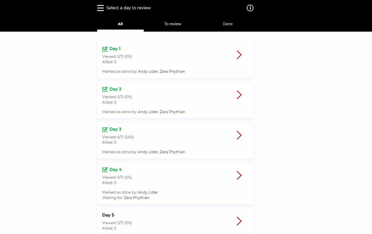 A gif showing users of the Image Approvals platform how to view a summary of all images and kills for that production.