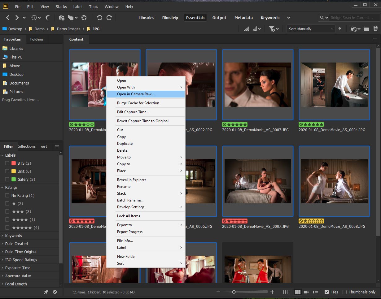 Screenshot of how to open images in Camera Raw via Adobe Bridge.