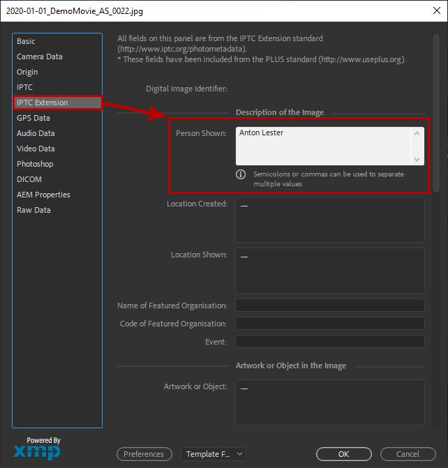 A screenshot of the metadata fields required for completion when adding actor tags in Adobe Bridge